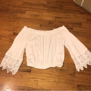 white lace off the shoulder crop top
